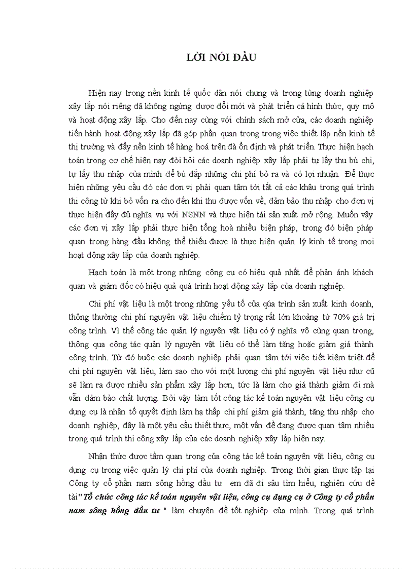 Tổ chức công tác kế toán nguyên vật liệu công cụ dụng cụ ở Công ty cổ phần nam sụng hồng đầu tư 1