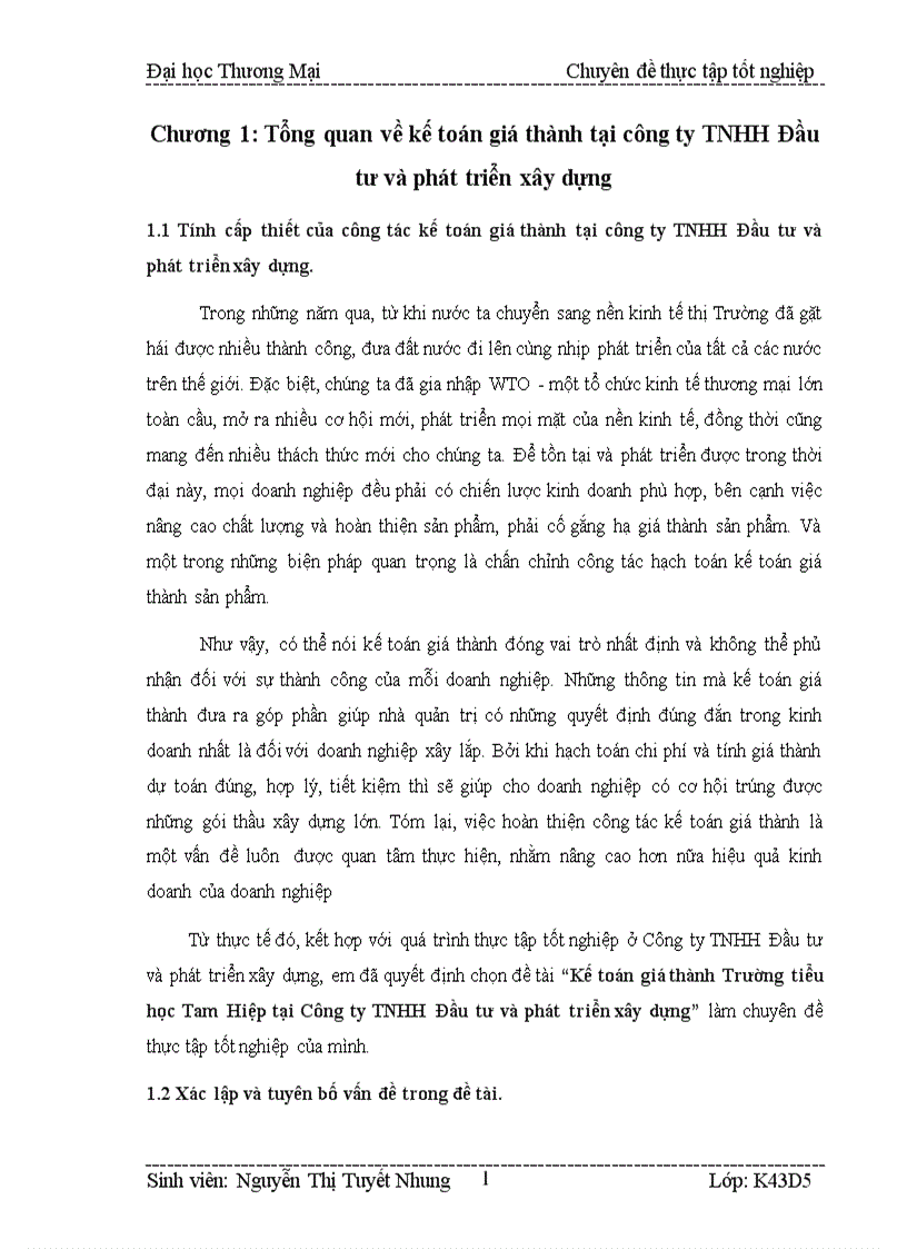 Kế toán giá thành Trường tiểu học Tam Hiệp tại Công ty TNHH Đầu tư và phát triển xây dựng 1