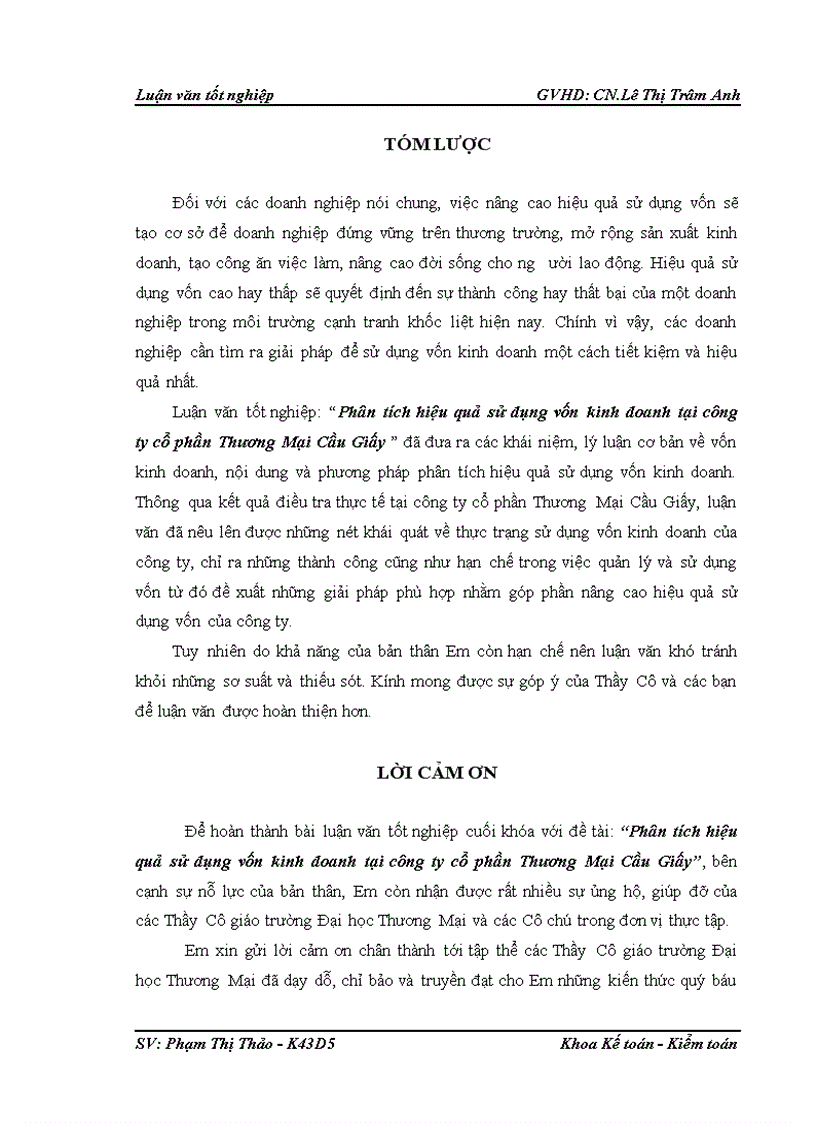Phân tích thực trạng hiệu quả sử dụng vốn kinh doanh tại công ty cổ phần thương mại cầu giấy