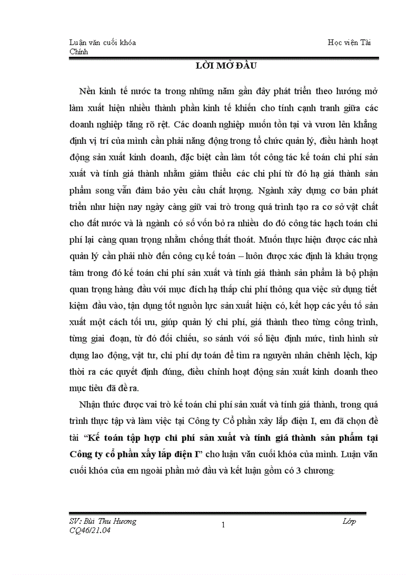 Kế toán tập hợp chi phí sản xuất và tính giá thành sản phẩm tại Công ty cổ phần xấy lắp điện I 1