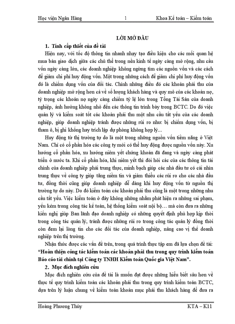 Tóm tắt đề tài Hoàn thiện công tác kiểm toán các khoản phải thu trong quy trình kiểm toán Báo cáo tài chính tại Công ty TNHH Kiểm toán Quốc gia Việt Nam