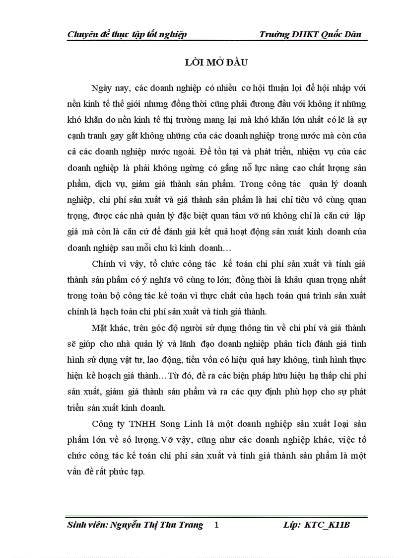 Hoàn thiện kế toán tập hợp chi phí sản xuất và tính giá thành sản phẩm tại công ty TNHH Song Linh