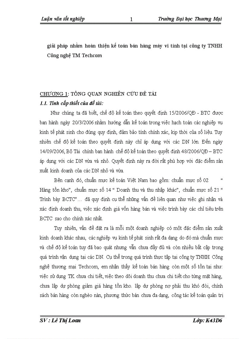 Giải pháp nhằm hoàn thiện kế toán bán hàng máy vi tính tại công ty TNHH Công nghệ TM Techcom 1