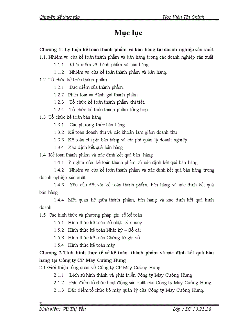 Tình hình thực tế về kế toán thành phẩm và xác định kết quả bán hàng tại Công ty CP May Cường Hưng