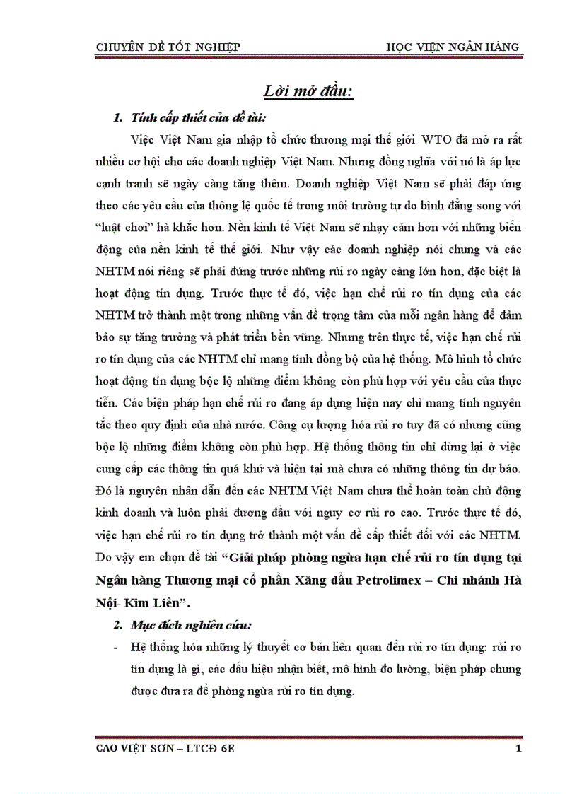 Giải pháp phòng ngừa hạn chế rủi ro tín dụng tại Ngân hàng Thương mại cổ phần Xăng dầu Petrolimex Chi nhánh Hà Nội Kim Liên 1