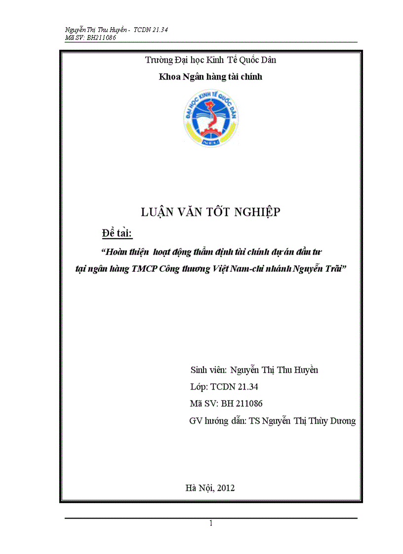 Hoàn thiện hoạt động thẩm định tài chính dự án đầu tư tại ngân hàng TMCP Công thương Việt Nam chi nhánh Nguyễn Trãi