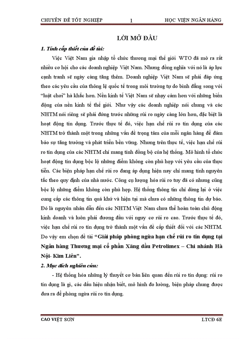 Giải pháp phòng ngừa hạn chế rủi ro tín dụng tại Ngân hàng Thương mại cổ phần Xăng dầu Petrolimex Chi nhánh Hà Nội Kim Liên