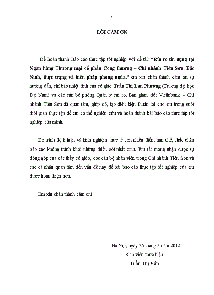Rủi ro tín dụng tại Ngân hàng Thương mại cổ phần Công thương Chi nhánh Tiên Sơn Bắc Ninh thực trạng và biện pháp phòng ngừa