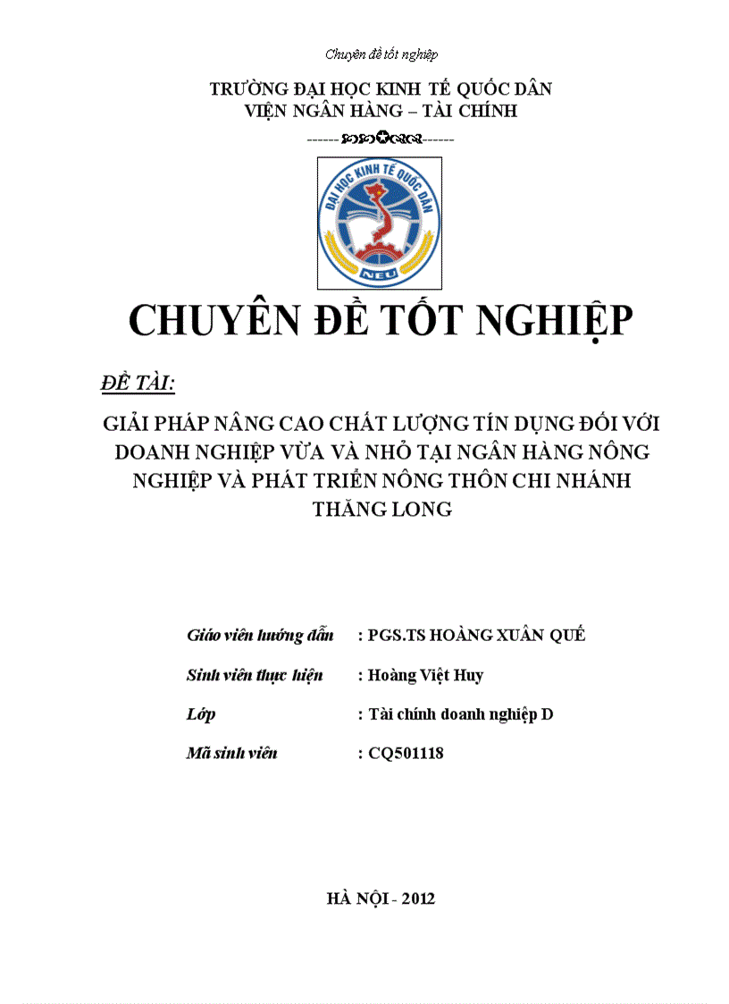 Giải pháp nâng cao chất lượng tín dụng đối với doanh nghiệp vừa và nhỏ tại ngân hàng nông nghiệp và phát triển nông thôn chi nhánh THĂNG LONG
