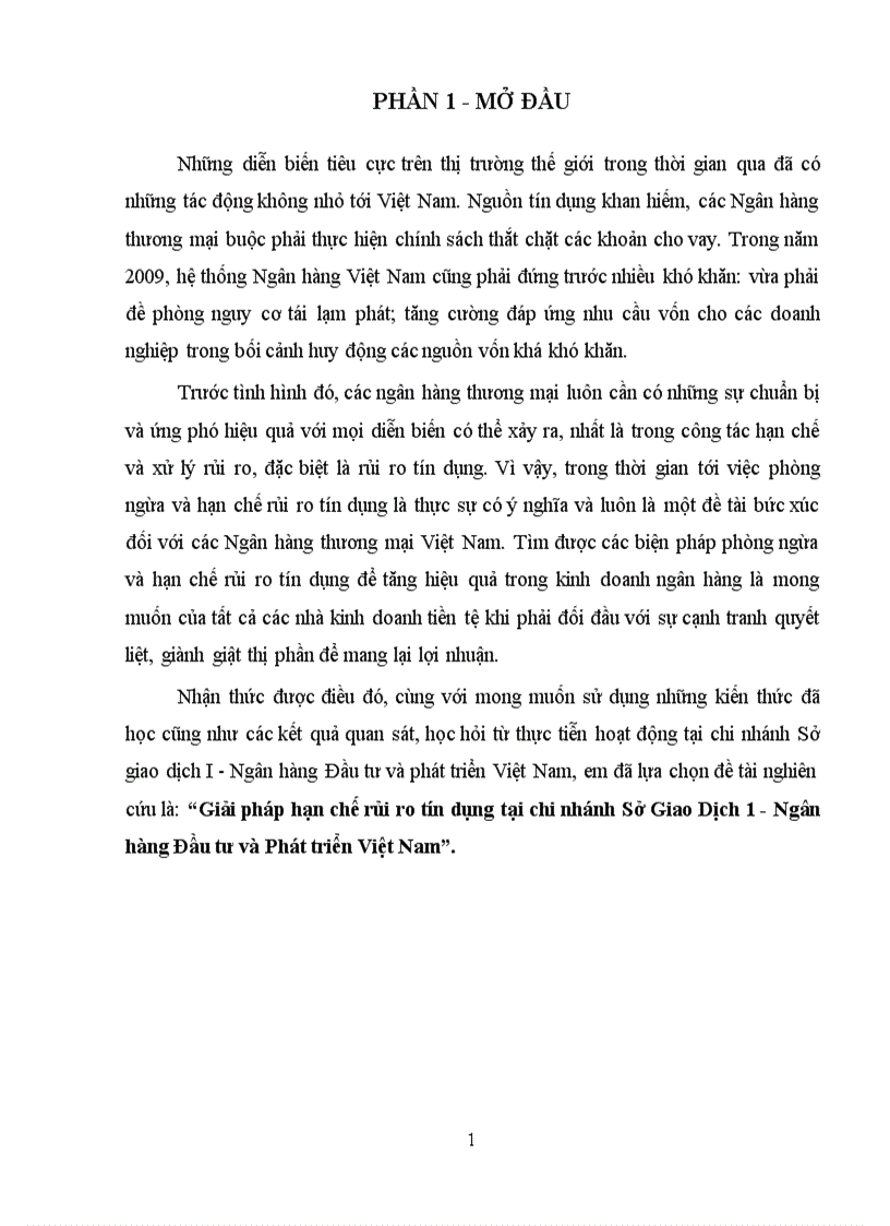 Giải pháp hạn chế rủi ro tín dụng tại chi nhánh Sở Giao Dịch 1 Ngân hàng Đầu tư và Phát triển Việt Nam