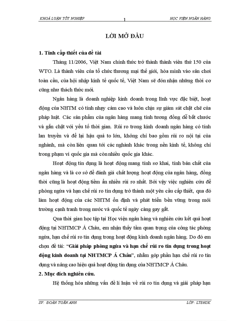 Giải pháp phòng ngừa và hạn chế rủi ro tín dụng trong hoạt động kinh doanh tại NHTMCP Á Châu 1