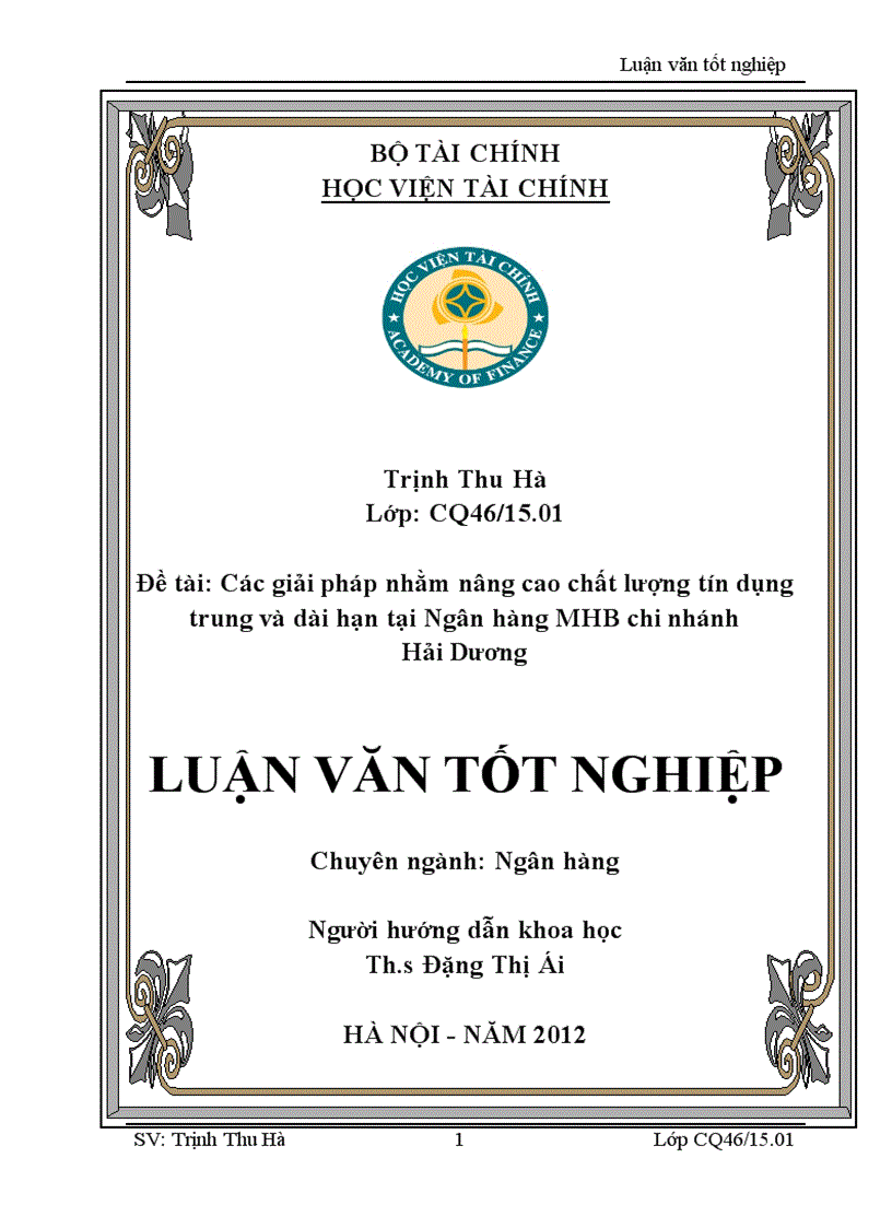 Các giải pháp nhằm nâng cao chất lượng tín dụng trung và dài hạn tại Ngân hàng MHB chi nhánh Hải Dương