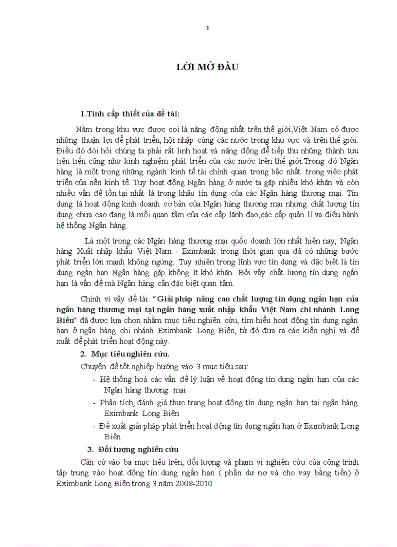 Giải pháp nâng cao chất lượng tín dụng ngắn hạn của ngân hàng thương mại tại ngân hàng xuất nhập khẩu Việt Nam chi nhánh Long Biên