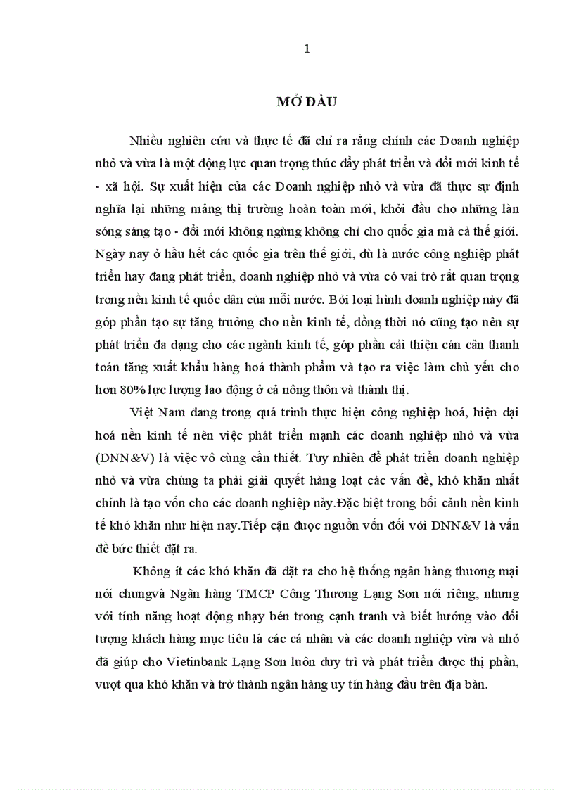 Giải pháp nâng cao hiệu quả tín dụng đối với các doanh nghiệp nhỏ và vừa tại ngân hàng công thương chi nhánh Lạng Sơn 1
