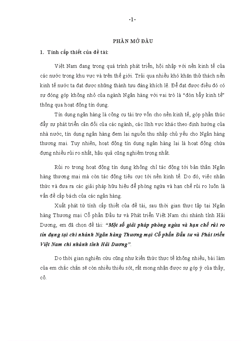 Một số giải pháp phòng ngừa và hạn chế rủi ro tín dụng tại chi nhánh Ngân hàng Thương mại Cổ phần Đầu tư và Phát triển Việt Nam chi nhánh tỉnh Hải Dương 1