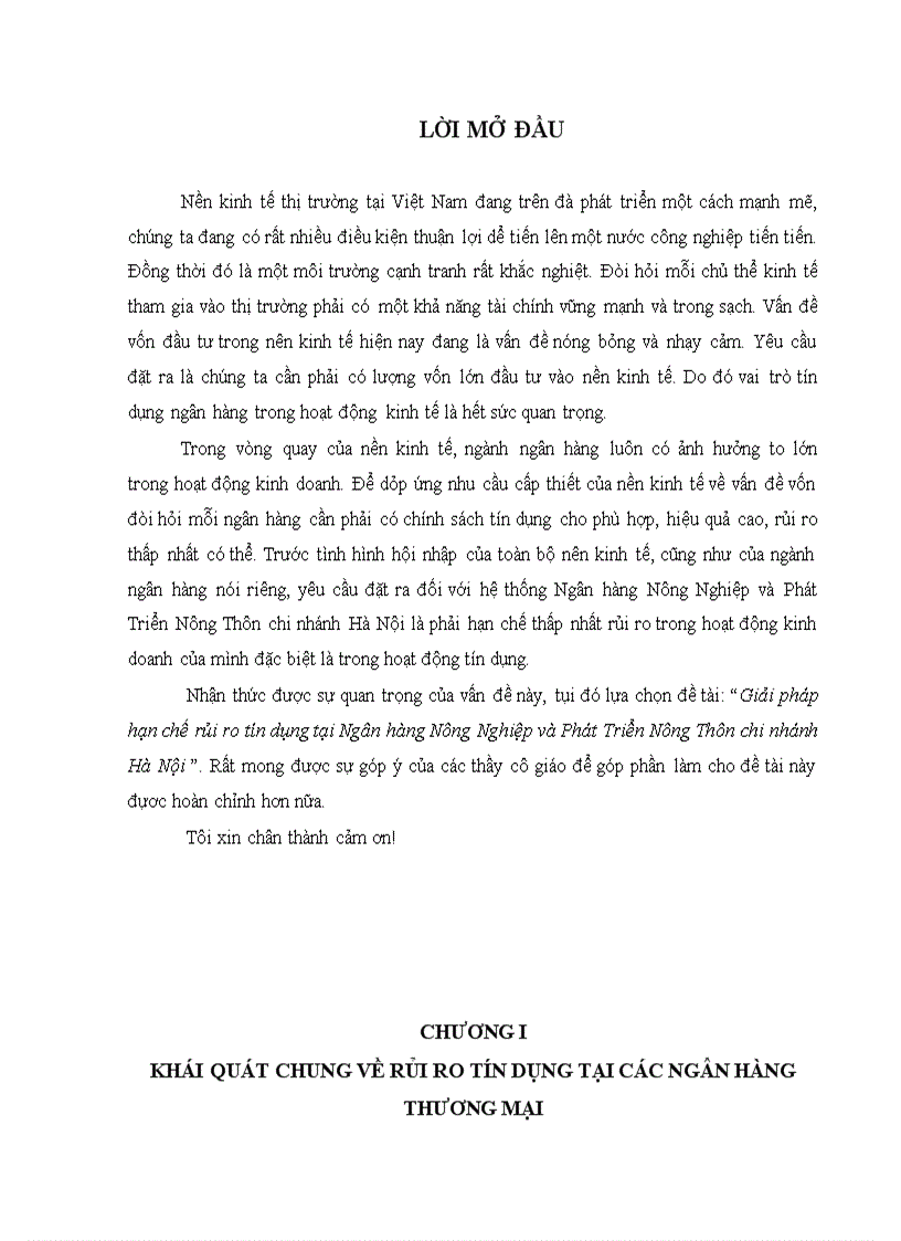 Giải pháp hạn chế rủi ro tín dụng tại Ngân hàng Nông Nghiệp và Phát Triển Nông Thôn chi nhánh Hà Nội 1