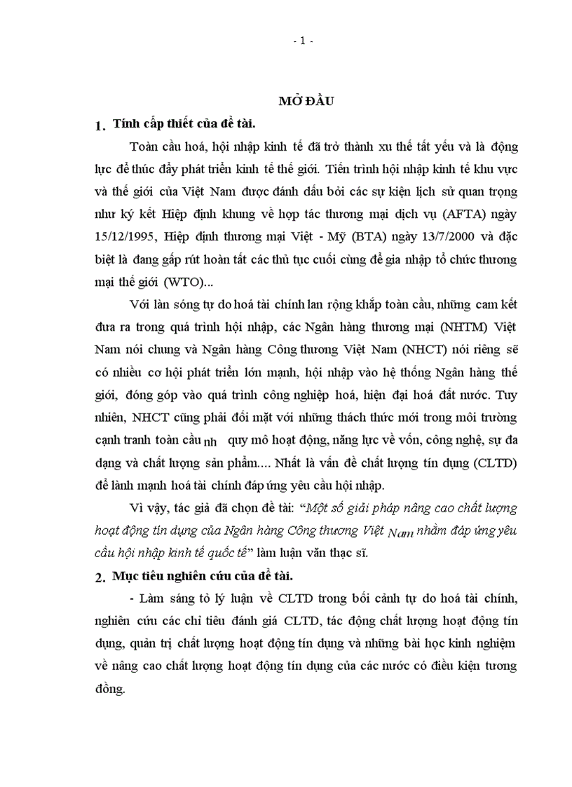 Một số giải pháp nâng cao chất lượng hoạt động tín dụng của Ngân hàng Công thương Việt Nam nhằm đáp ứng yêu cầu hội nhập kinh tế quốc tế 1