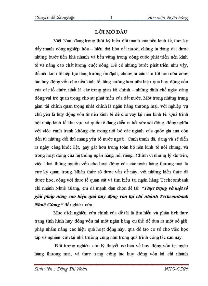 Thực trạng và một số giải pháp nâng cao hiệu quả huy động vốn tại chi nhánh Techcombank Nhuệ Giang 1