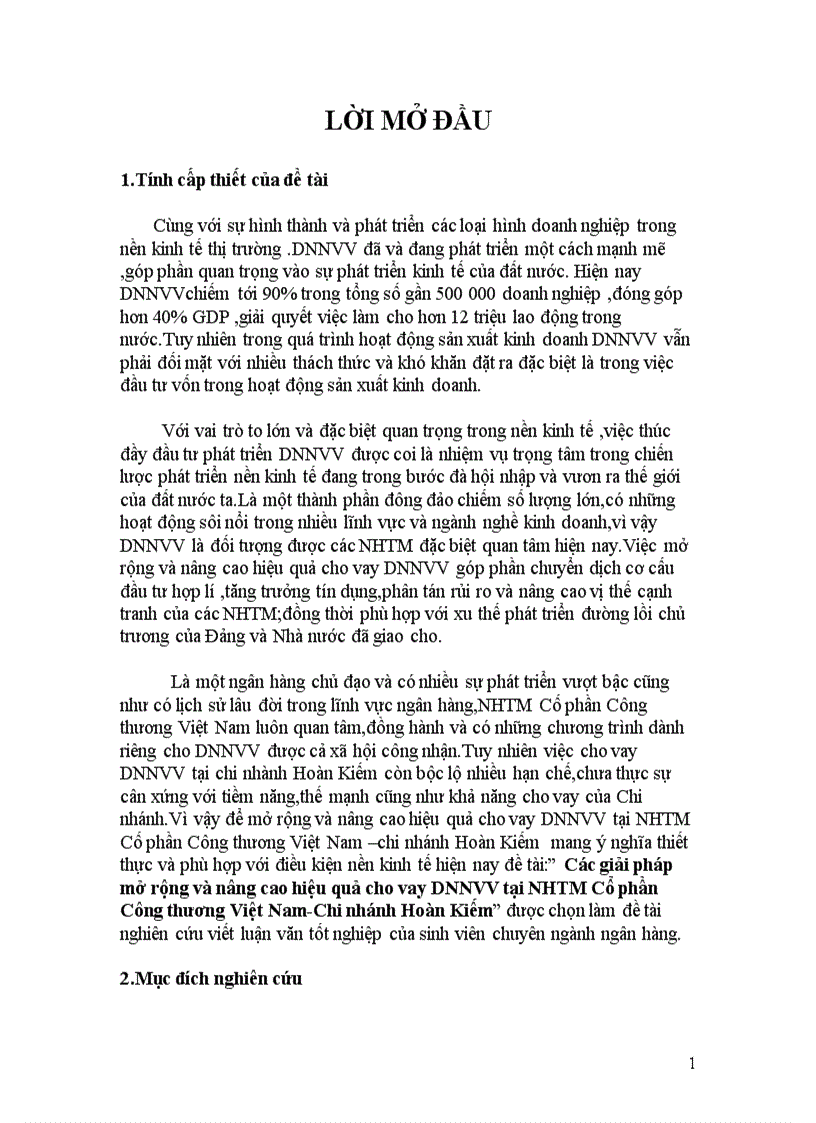 Các giải pháp mở rộng và nâng cao hiệu quả cho vay DNNVV tại NHTM Cổ phần Công thương Việt Nam Chi nhánh Hoàn Kiếm 1