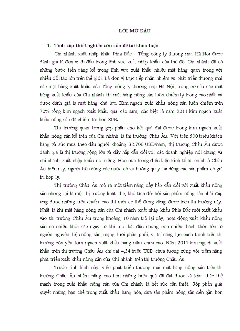 Phát triển thương mại mặt hàng nông sản trên thị trường Châu Âu của Chi nhánh xuất nhập khẩu phía Bắc Tổng công ty thương mại Hà Nội 1