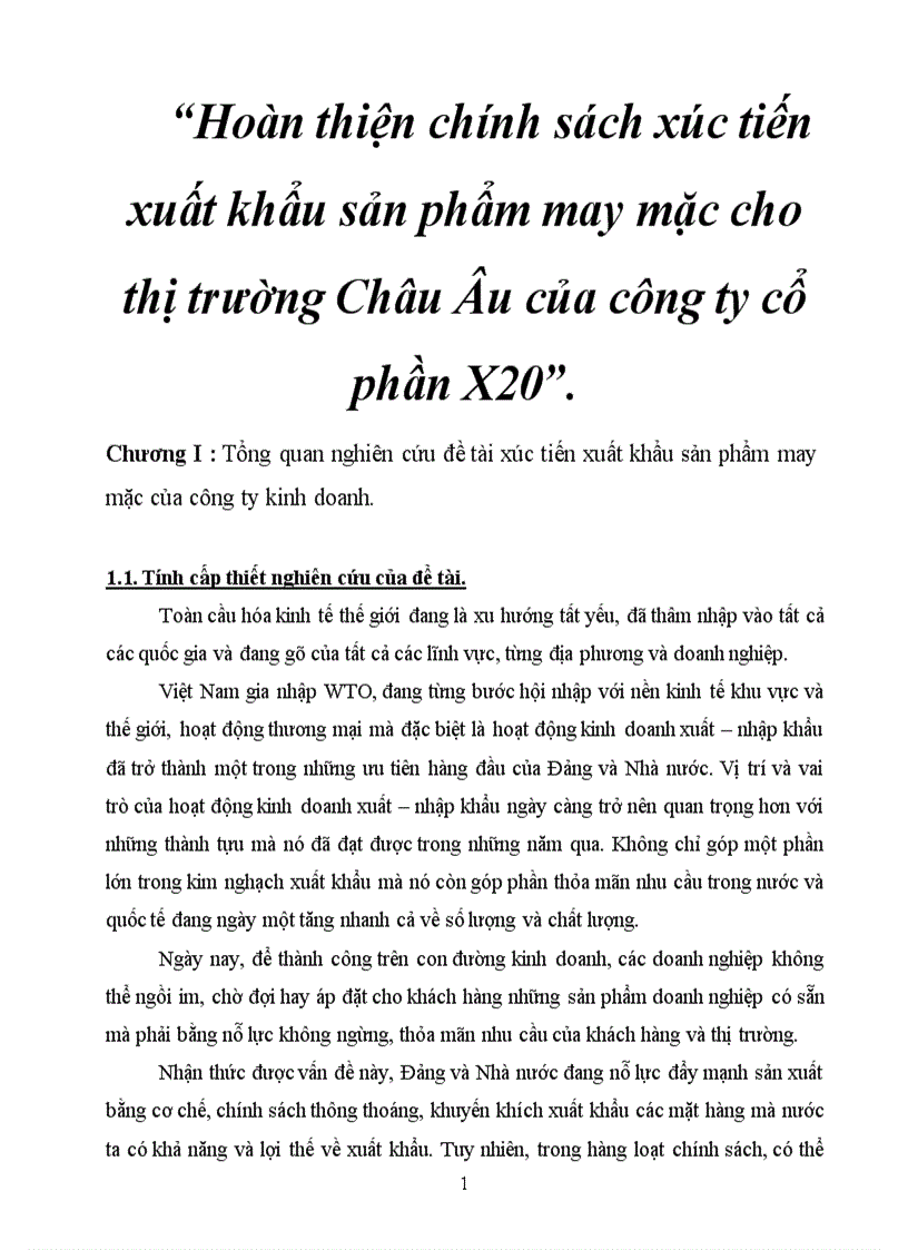 Hoàn thiện chính sách xúc tiến xuất khẩu sản phẩm may mặc cho thị trường Châu Âu của công ty cổ phần X20 4