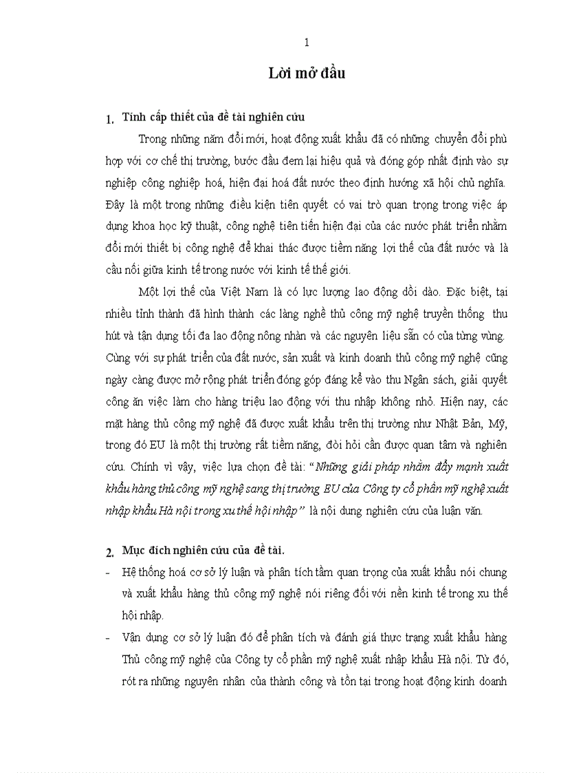 Những giải pháp nhằm đẩy mạnh xuất khẩu hàng thủ công mỹ nghệ sang thị trường EU của Công ty cổ phần mỹ nghệ xuất nhập khẩu Hà nội trong xu thế hội nhập 1