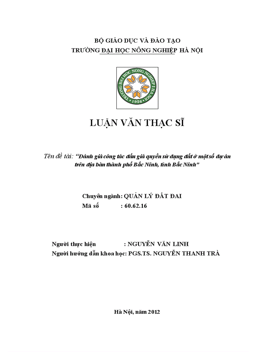 Đánh giá công tác đấu giá quyền sử dụng đất ở một số dự án trên địa bàn thành phố Bắc Ninh tỉnh Bắc Ninh