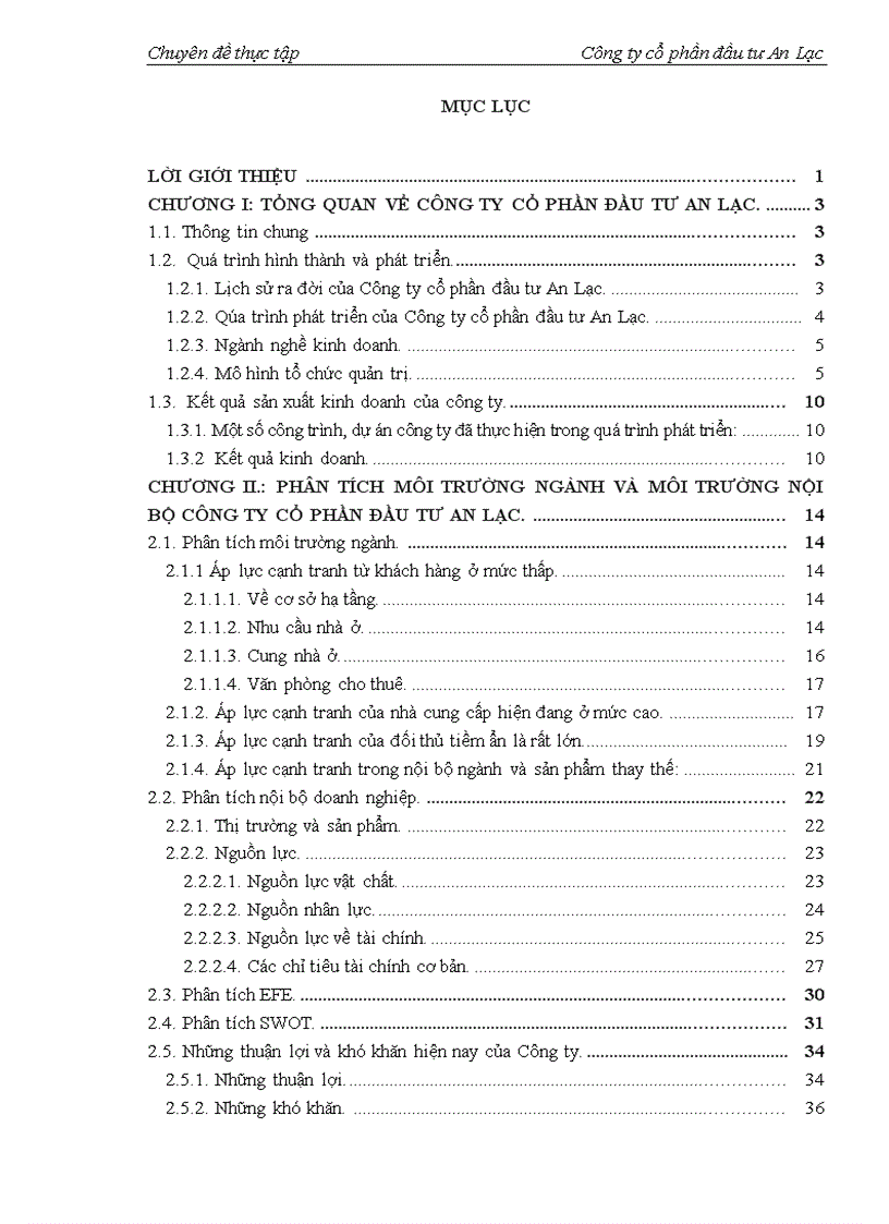 Phân tích môi trưòng ngành và môi trường nội bộ làm căn cứ hoạch định chiến lược kinh doanh của Công ty cổ phần Đầu tư An Lạc