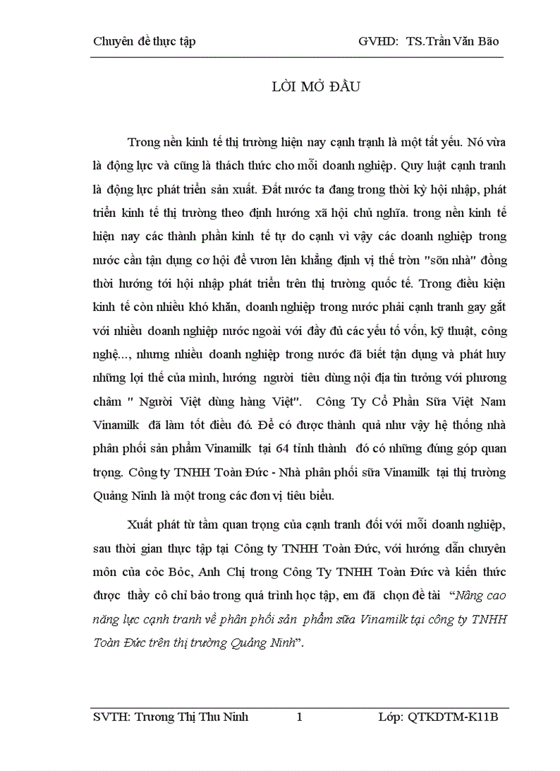 Nâng cao năng lực cạnh tranh về phân phối sản phẩm sữa Vinamilk tại công ty TNHH Toàn Đức trên thị trường Quảng Ninh 1