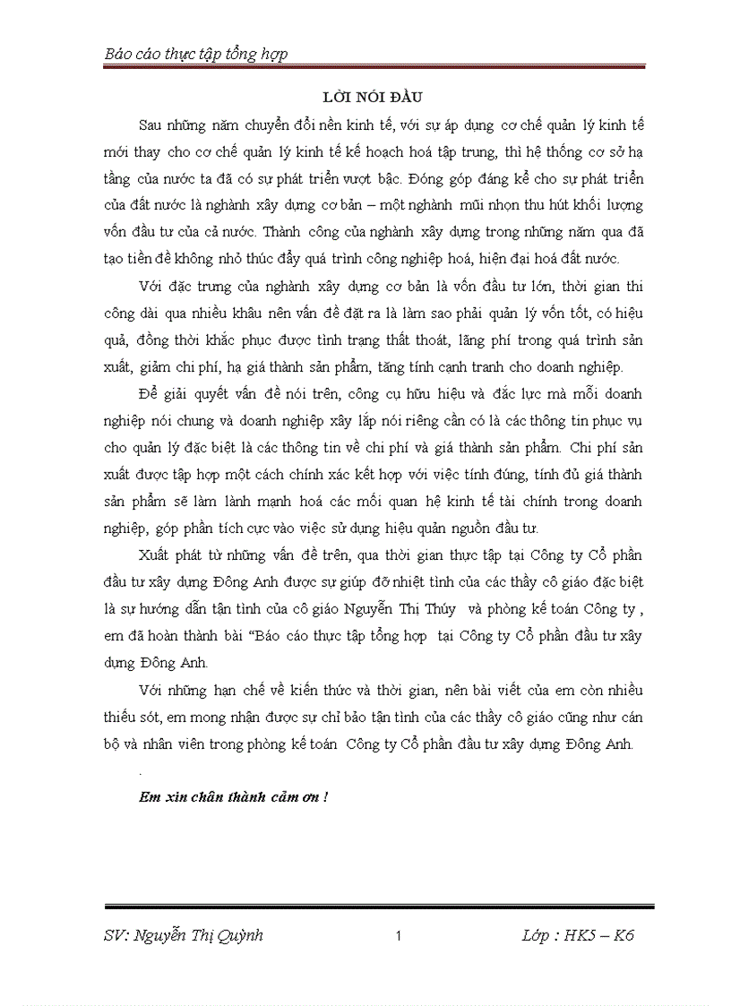 Báo cáo thực tập tổng hợp tại Công ty Cổ phần đầu tư xây dựng Đông Anh