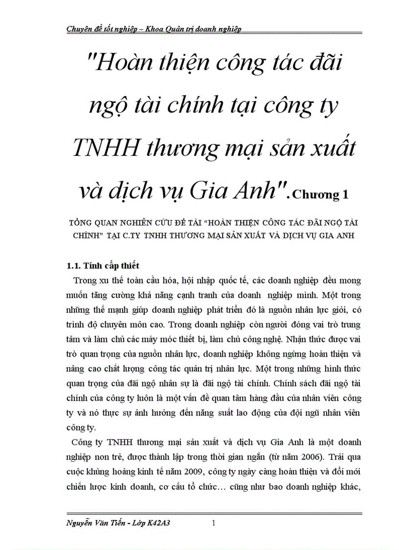 Hoàn thiện công tác đãi ngộ tài chính tại công ty TNHH thương mại sản xuất và dịch vụ Gia Anh