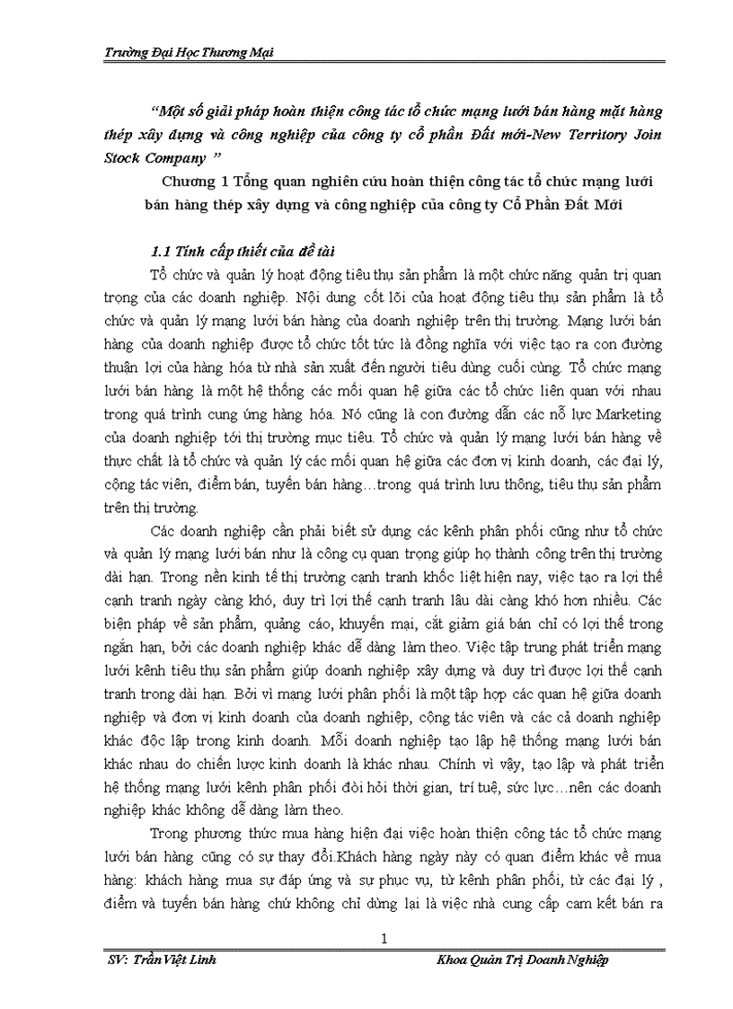Một số giải pháp hoàn thiện công tác tổ chức mạng lưới bán hàng mặt hàng thép xây dựng và công nghiệp của công ty cổ phần Đất mới New Territory Join Stock Company 1