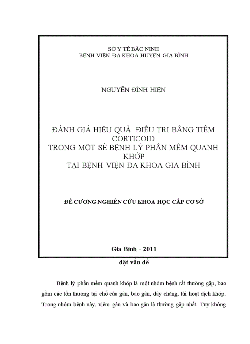 Đánh giá hiệu quả điều trị bằng tiêm corticoid trong một số bệnh lý phần mền quanh khớp tại bệnh viện đa khoa huyện Gia Bình
