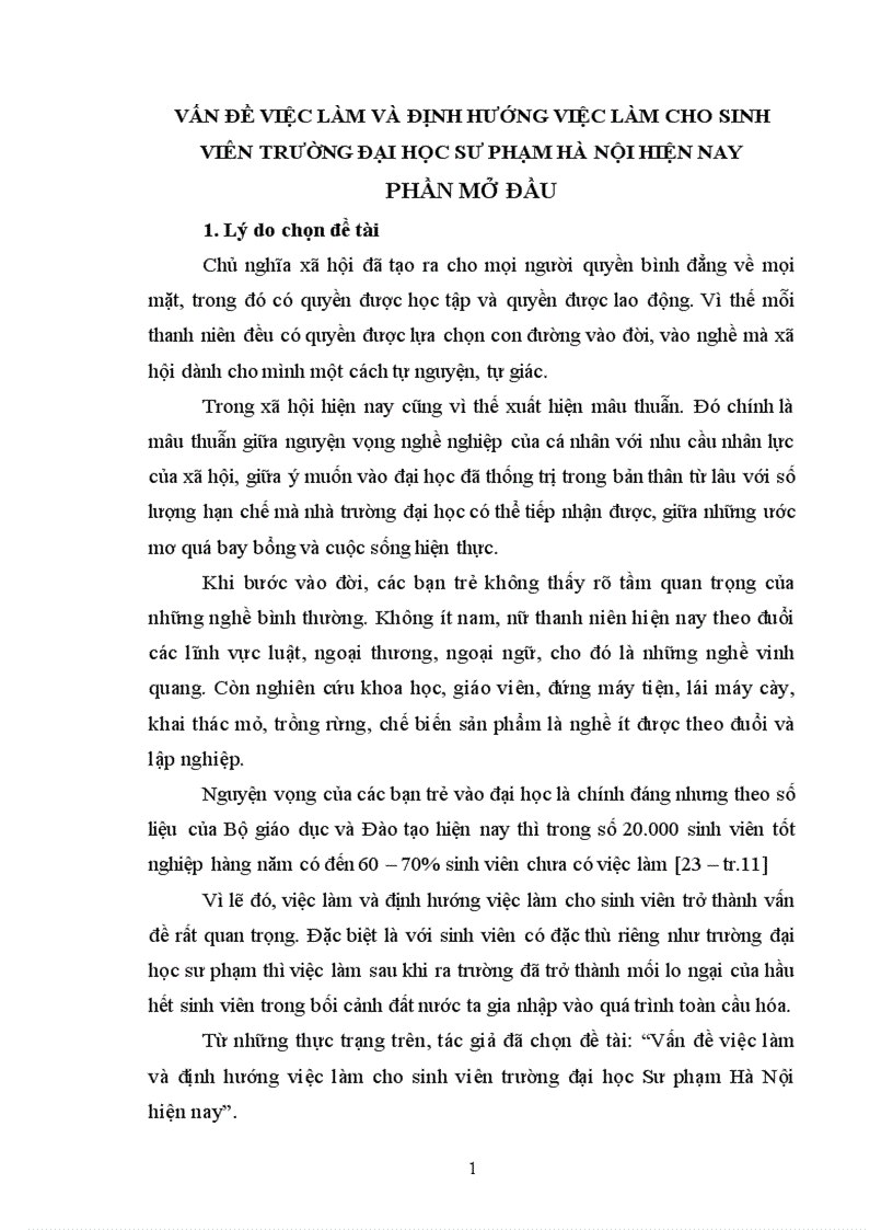 Vấn đề việc làm và định hướng việc làm cho sinh viên trường đại học sư phạm HÀ NỘI hiện nay