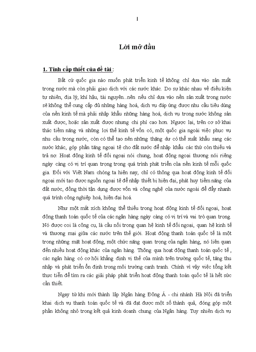 Thực trạng dịch vụ thanh toán quốc tế tại Ngân hàng Đông á chi nhánh Hà Nội giai đoạn 2001 2003