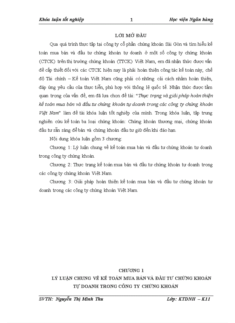 Tóm tắt đề tài Thực trạng và giải pháp hoàn thiện kế toán mua bán và đầu tư chứng khoán tự doanh trong các công ty chứng khoán Việt Nam