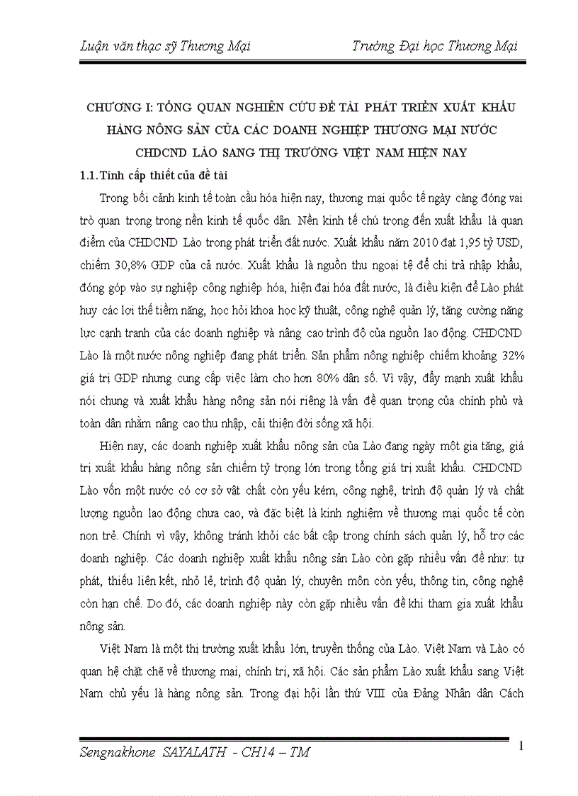 Phát triển xuất khẩu hàng nông sản của các doanh nghiệp thương mại nước chdcnd lào sang thị trường việt nam hiện nay