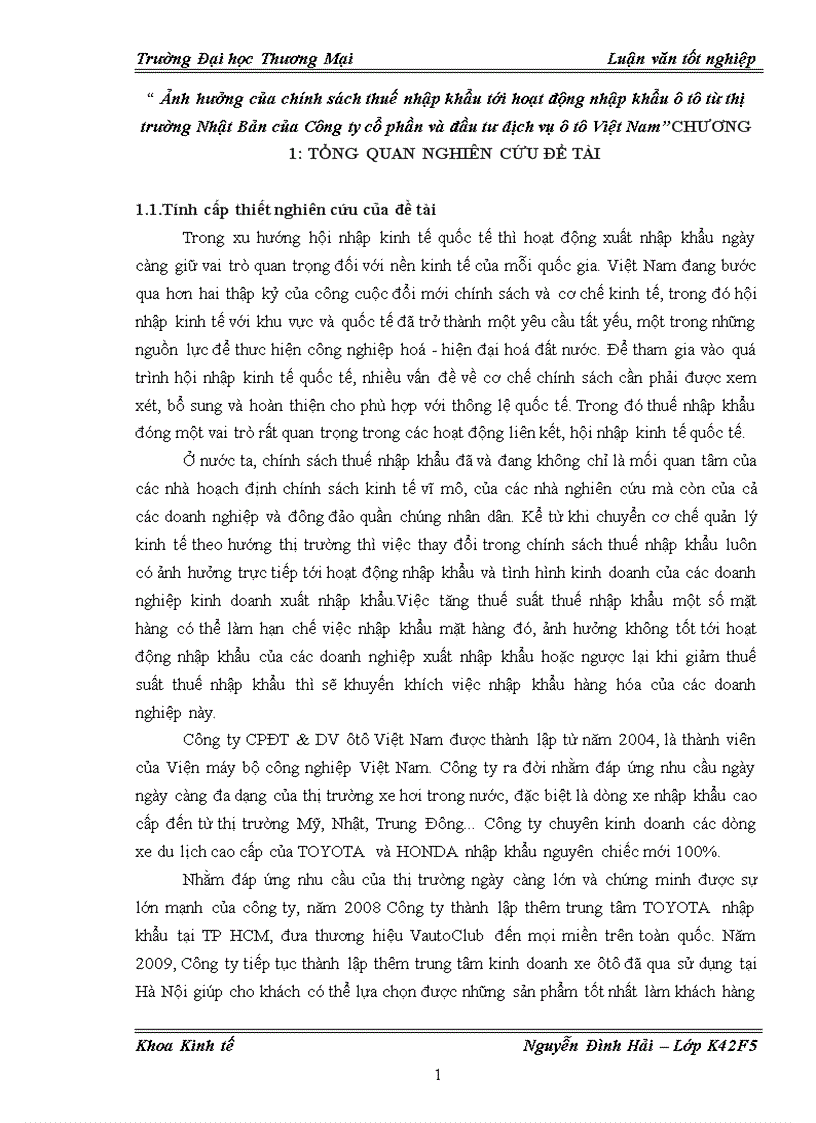 Ảnh hưởng của chính sách thuế nhập khẩu tới hoạt động nhập khẩu ô tô từ thị trường Nhật Bản của Công ty cổ phần và đầu tư dịch vụ ô tô Việt Nam 1