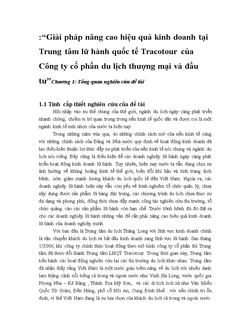 Giải pháp nâng cao hiệu quả kinh doanh tại Trung tâm lữ hành quốc tế Tracotour của Công ty cổ phần du lịch thượng mại và đầu tư 1