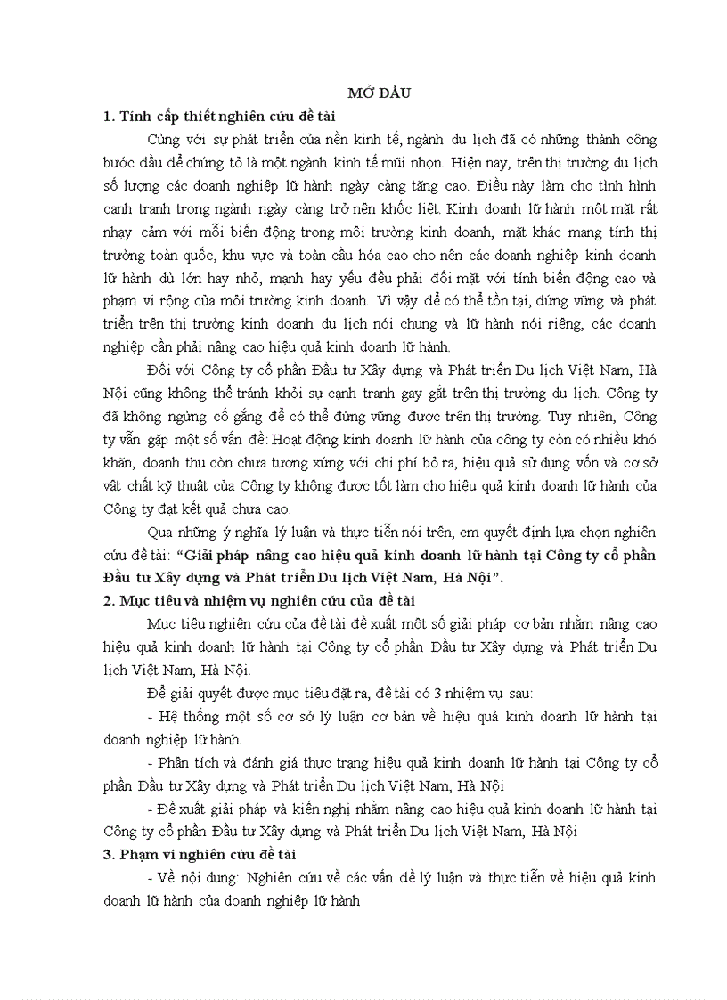 Giải pháp nâng cao hiệu quả kinh doanh lữ hành tại Công ty cổ phần Đầu tư Xây dựng và Phát triển Du lịch Việt Nam Hà Nội 1