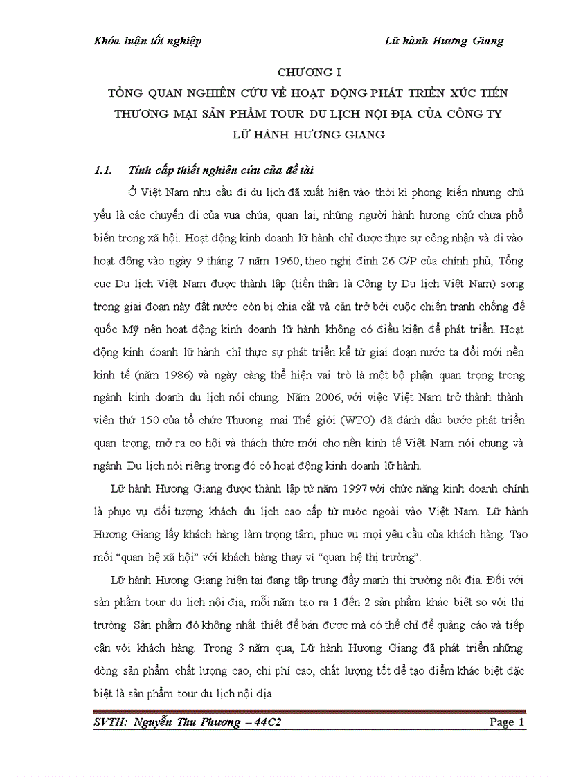 Phát triển xúc tiến thương mại sản phẩm tour du lịch nội địa của công ty lữ hành hương giang