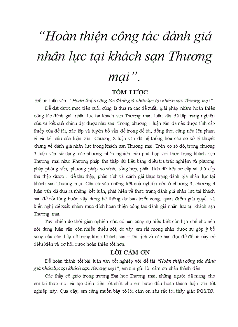 Hoàn thiện công tác đánh giá nhân lực tại khách sạn Thương mại 1