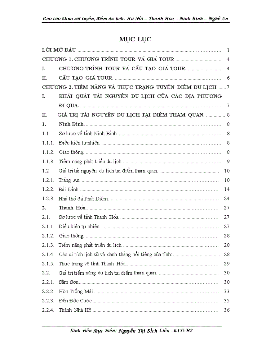Báo cáo khảo sát tuyến điểm du lịch Hà Nội Thanh Hóa Ninh Bình Nghệ An