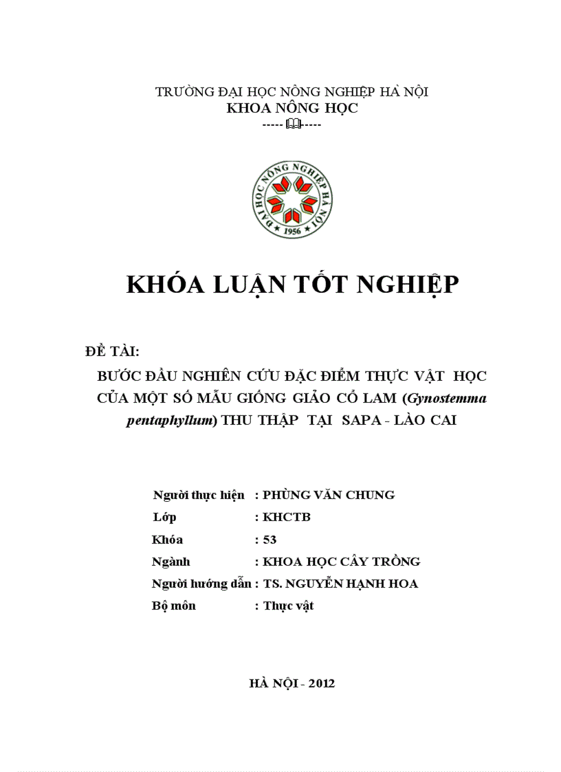 Bước đầu nghiên cứu đặc điểm thực vật học của một số mẫu giống Giảo Cổ Lam Gynostemma pentaphyllum thu thập tại SaPa Lào Cai