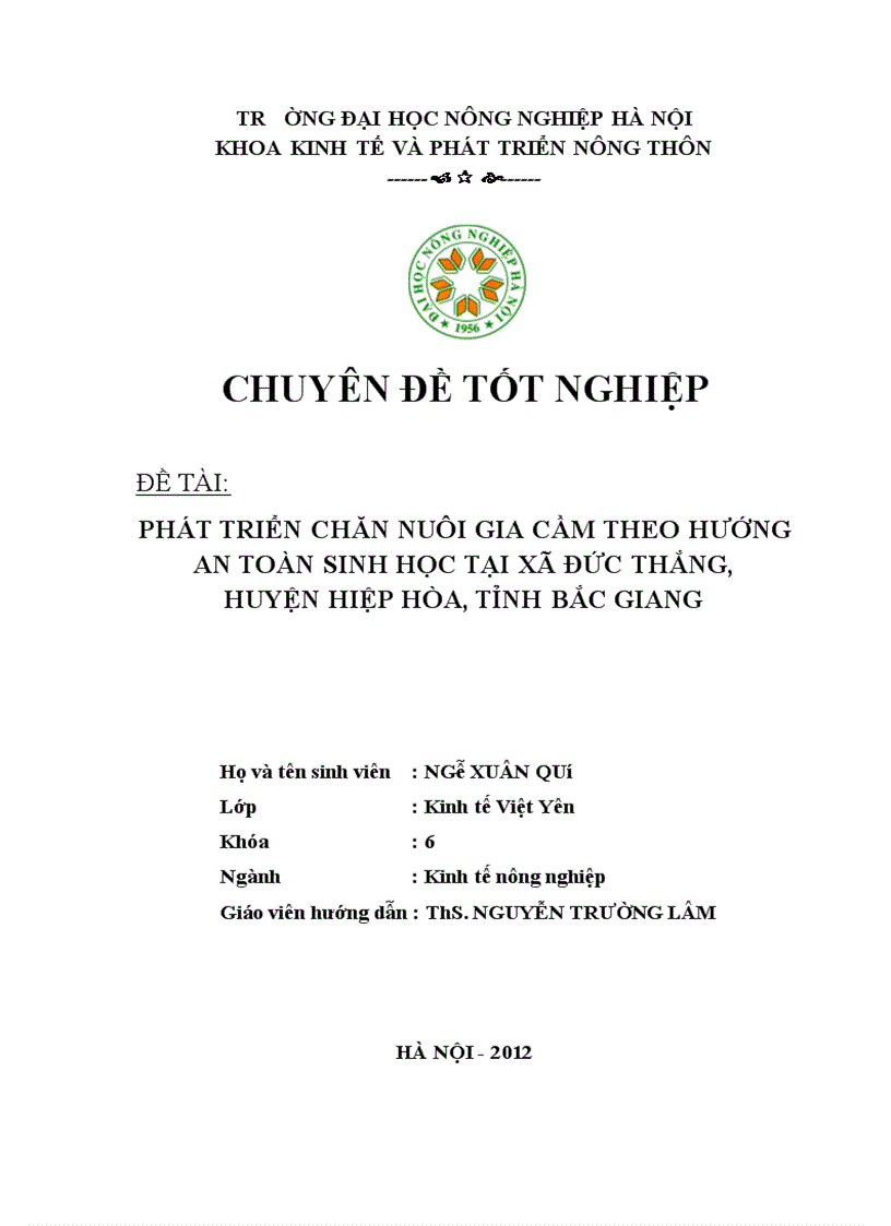 Phát triển chăn nuôi gia cầm theo hướng an toàn sinh học tại xó Đức Thắng huyện Hiệp Hoà tỉnh Bắc Giang