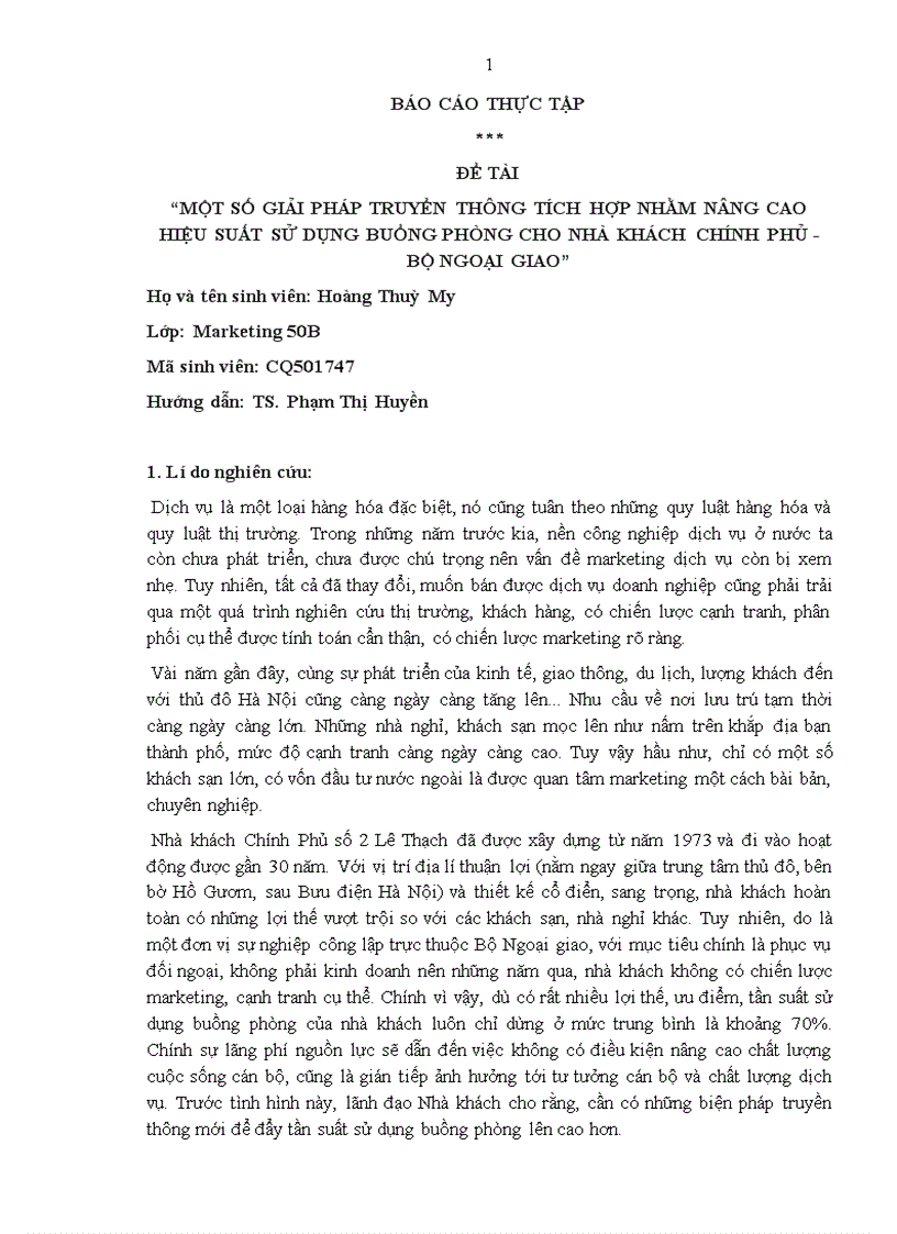 Một số giải pháp truyền thông tích hợp nhằm nâng cao hiệu suất sử dụng buồng phòng cho nhà khách chính phủ bộ ngoại giao