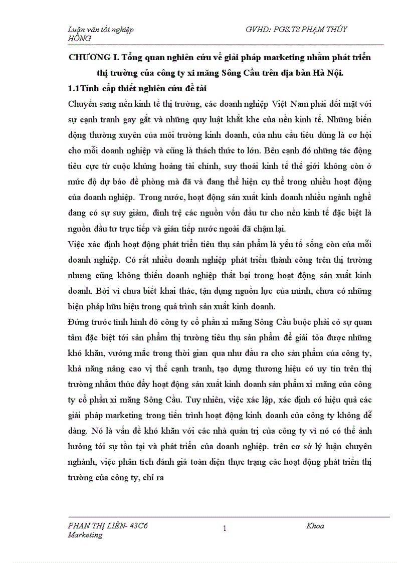 Giải pháp marketing nhằm phát triển thị trường của công ty xi măng Sông Cầu trên địa bàn Hà Nội 1