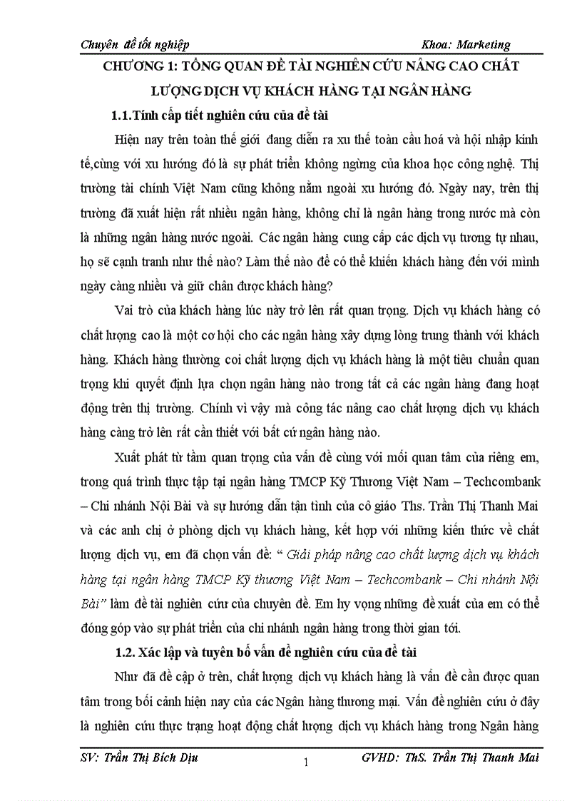 Giải pháp nâng cao chất lượng dịch vụ khách hàng tại ngân hàng TMCP Kỹ thương Việt Nam Techcombank Chi nhánh Nội Bài 1
