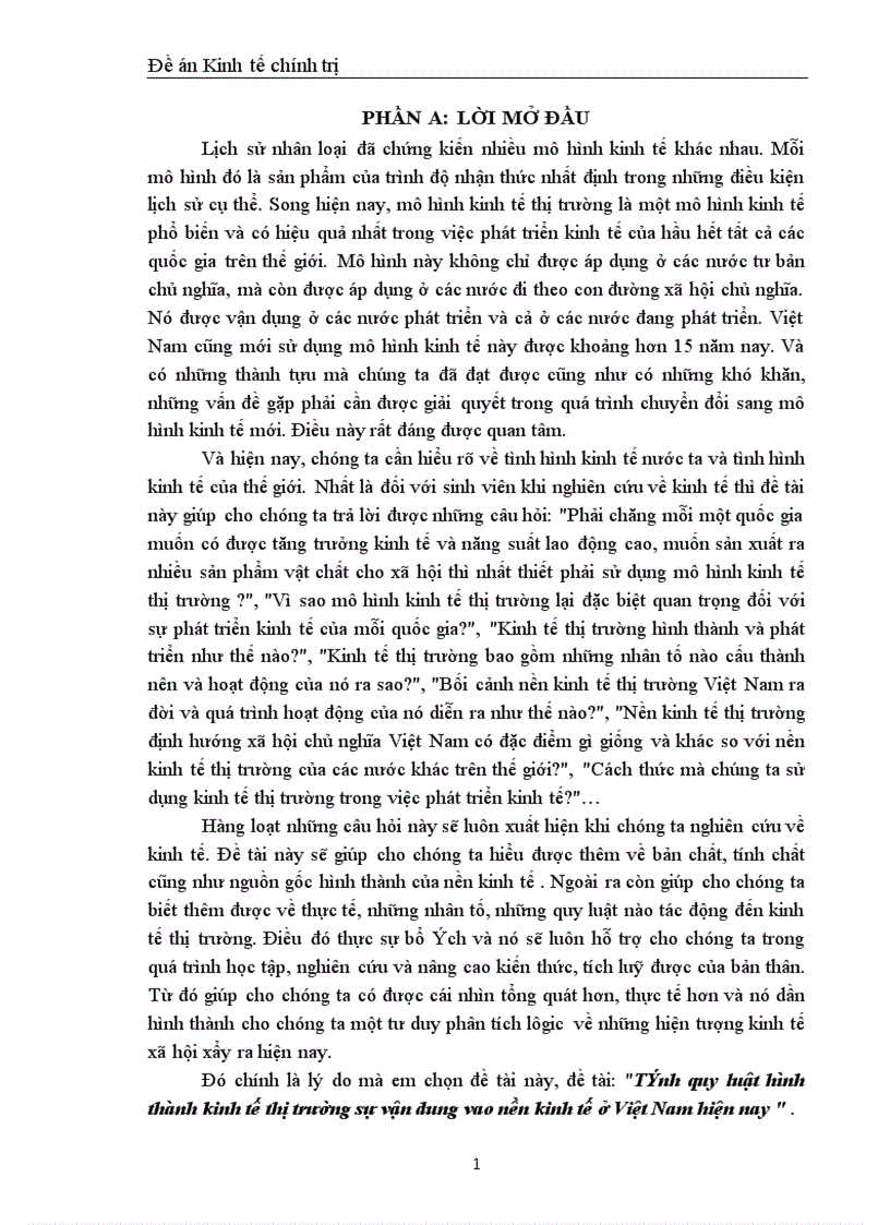 Đề tài Tính quy luật hình thành kinh tế thị trường sự vận dung vao nền kinh tế ở Việt Nam hiện nay