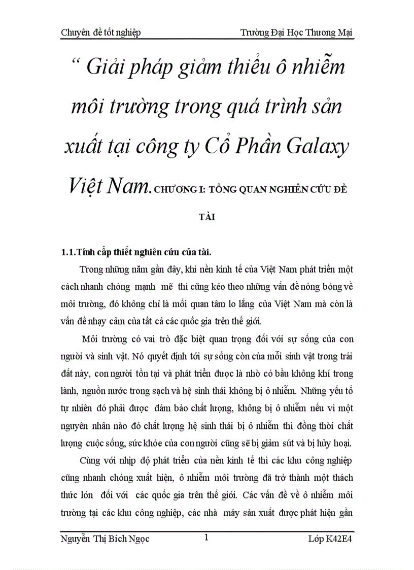 Giải pháp giảm thiểu ô nhiễm môi trường trong quá trình sản xuất tại công ty Cổ Phần Galaxy Việt Nam